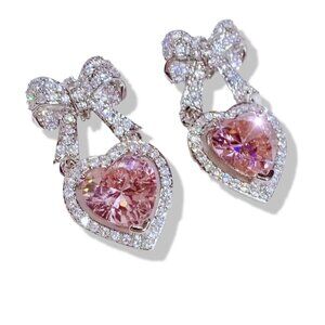 Sparkling Pink Heart Earrings with Bow Design